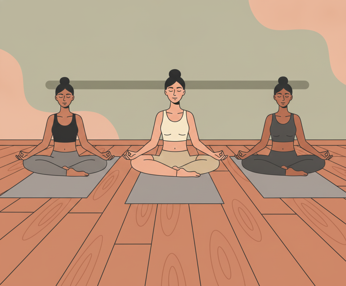 Illustration einer Yogalehrerin, die eine Gruppe von Schülern verschiedener Körpertypen und Fähigkeitsstufen in einer Yoga-Klasse unterrichtet