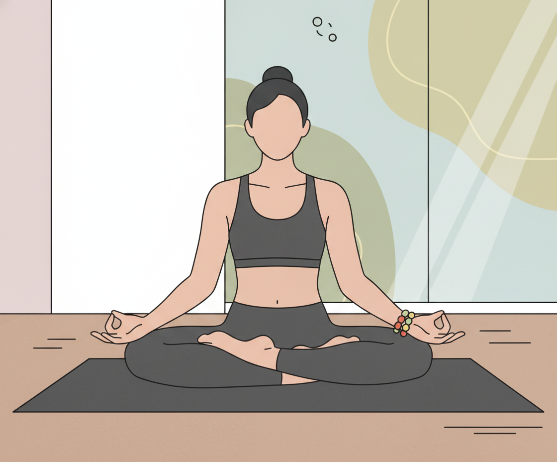 Illustration einer Frau in Lotussitz auf einer Meditationsmatte in ruhiger Atmosphäre