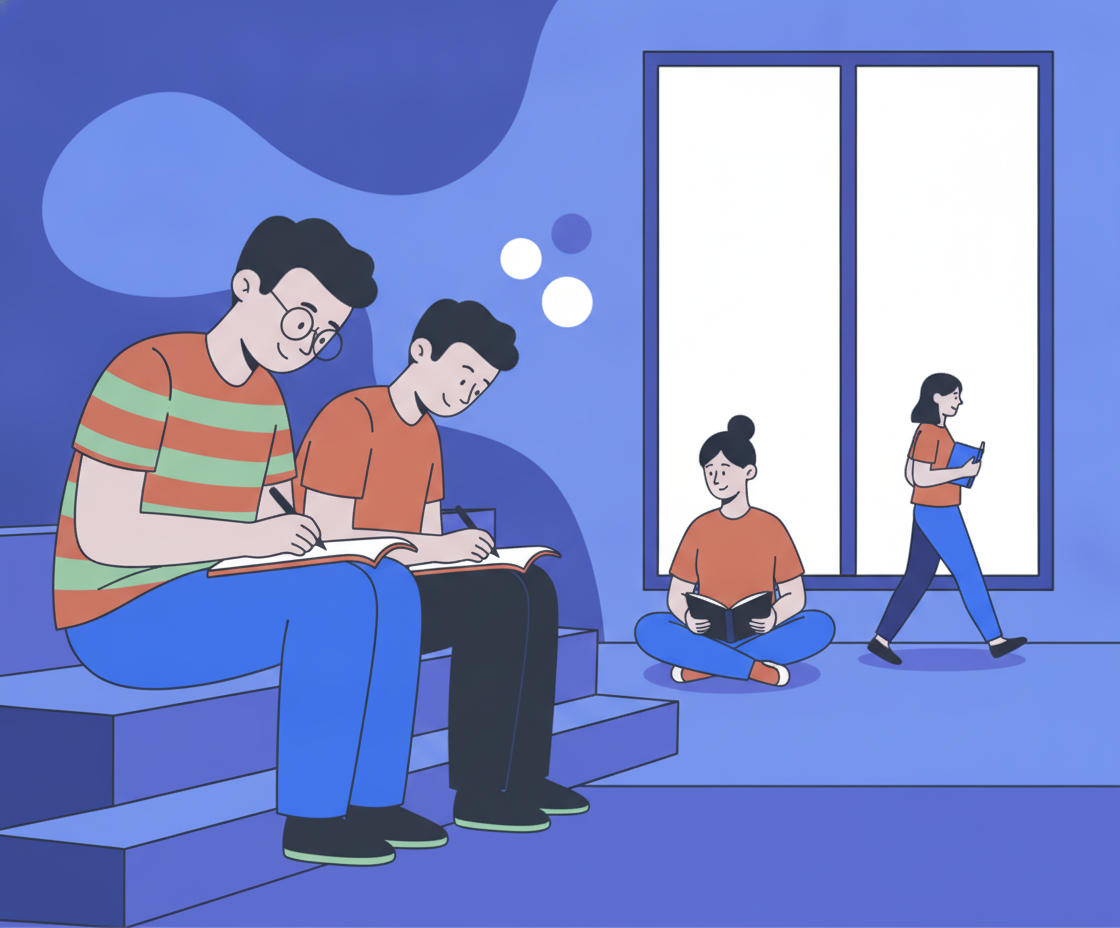 Illustration eines Schülers, der nach der Meditation aufsteht und das Klassenzimmer betritt, mit sichtbarer innerer Ruhe
