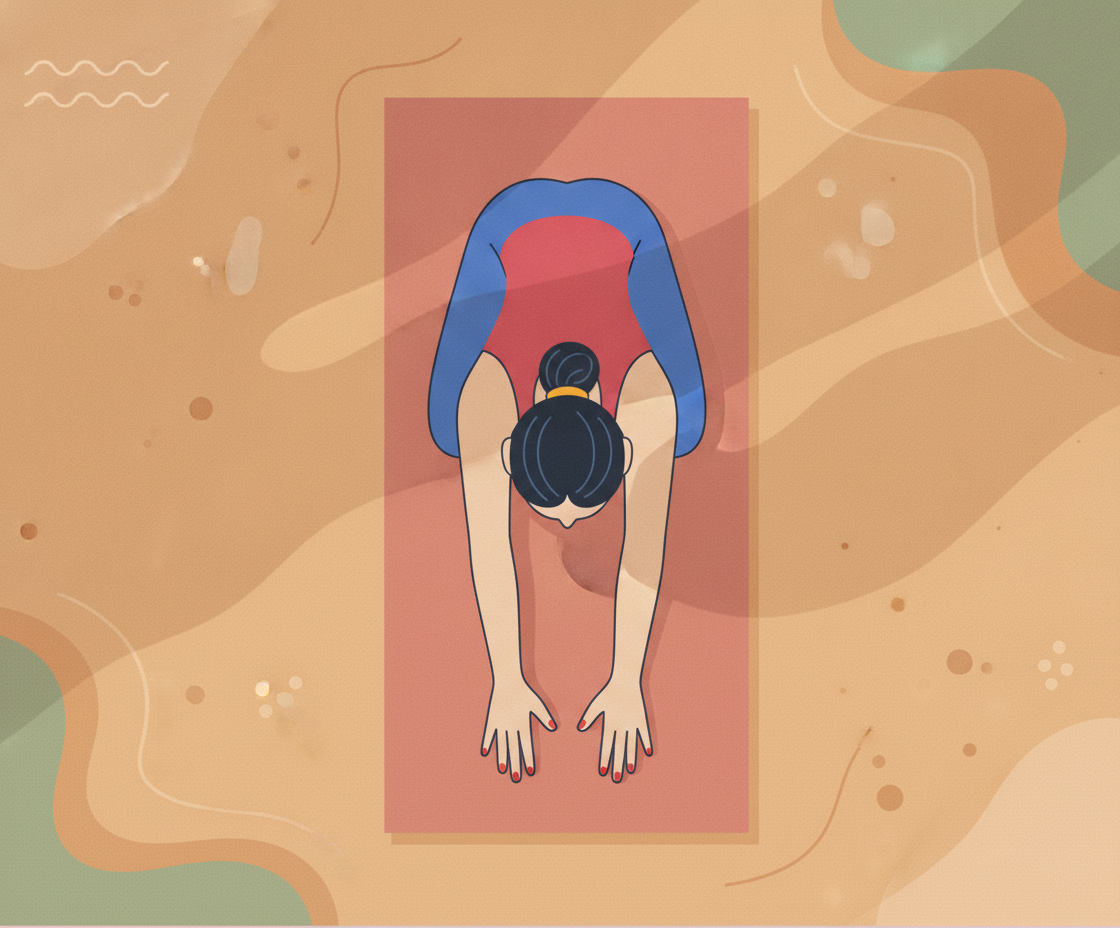 A person bends forward on a pink yoga mat. Wears red top, blue pants. Arms extended, hands flat. Dark hair bun. Abstract