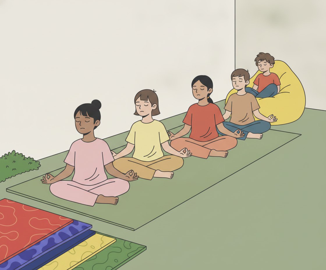 Illustration eines Schülers in sitzender Meditationshaltung mit geschlossenen Augen auf einer Yogamatte im Klassenzimmer