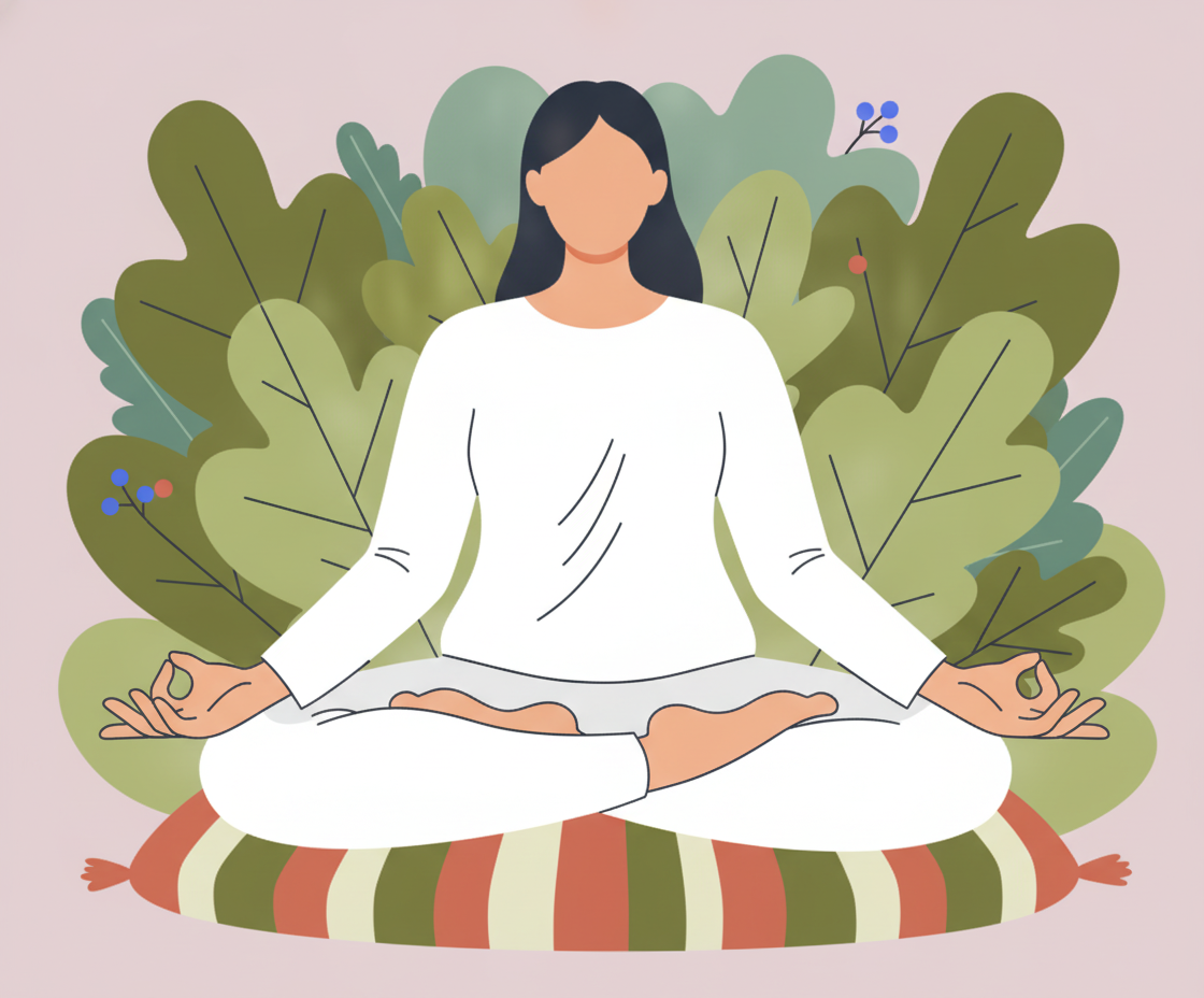 Illustration einer Person in Sukhasana-Sitzhaltung mit geschlossenen Augen, Hände im Gebetsmudra vor der Brust