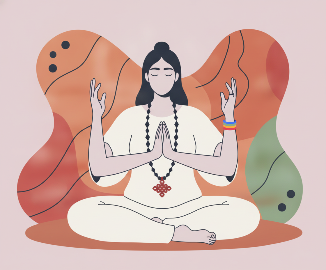 Illustration von Händen in Anjali Mudra vor der Brust, sanftes goldenes Licht, Nahaufnahme