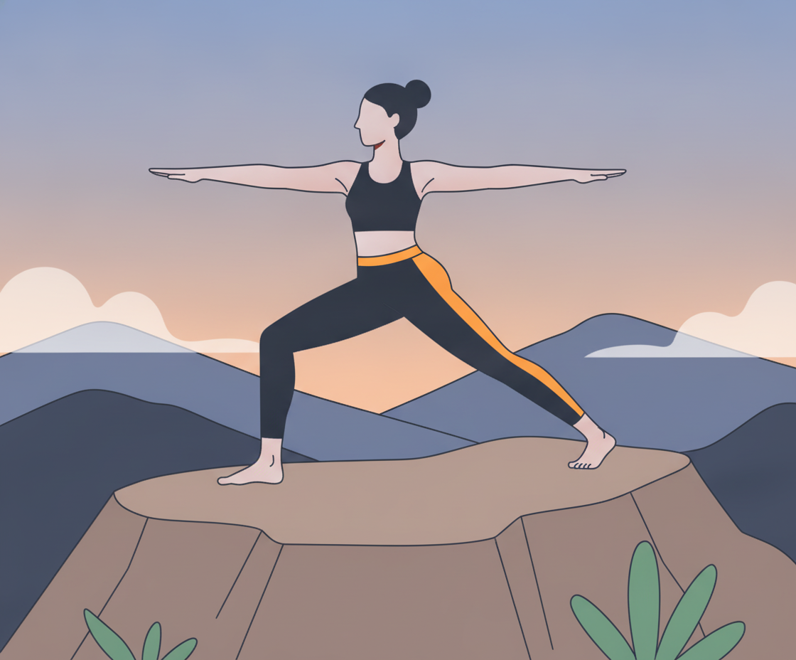 Illustration einer Frau in der kriegerischen Pose (Virabhadrasana) auf einer Yogamatte, kraftvoll und zentriert