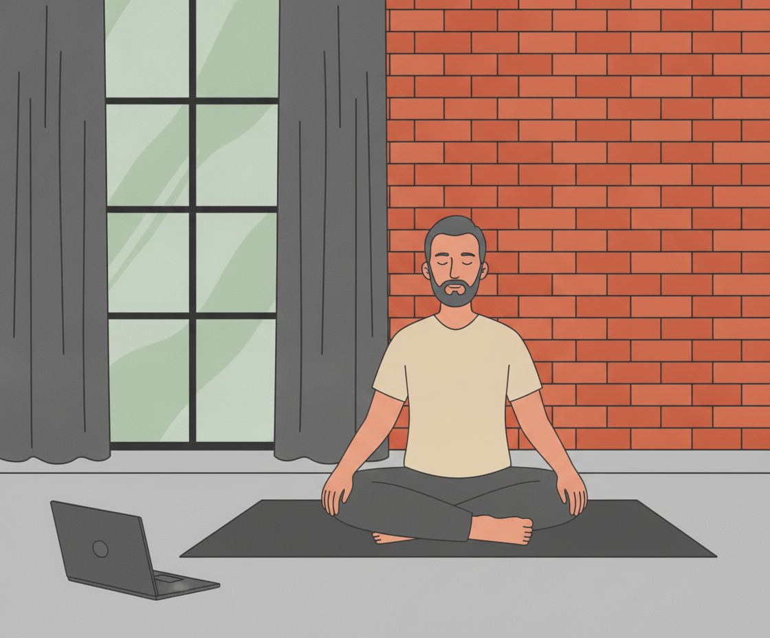 Illustration eines Mannes im Schneidersitz am Bürostuhl mit geschlossenen Augen, Hand auf Brust