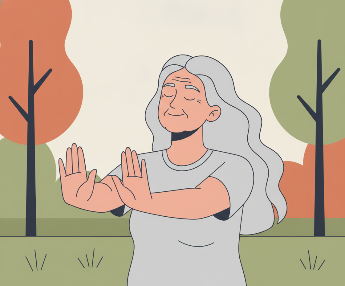 Illustration einer Person in aufrechter Sitzhaltung bei Atemübung, Atemlinien zart visualisiert