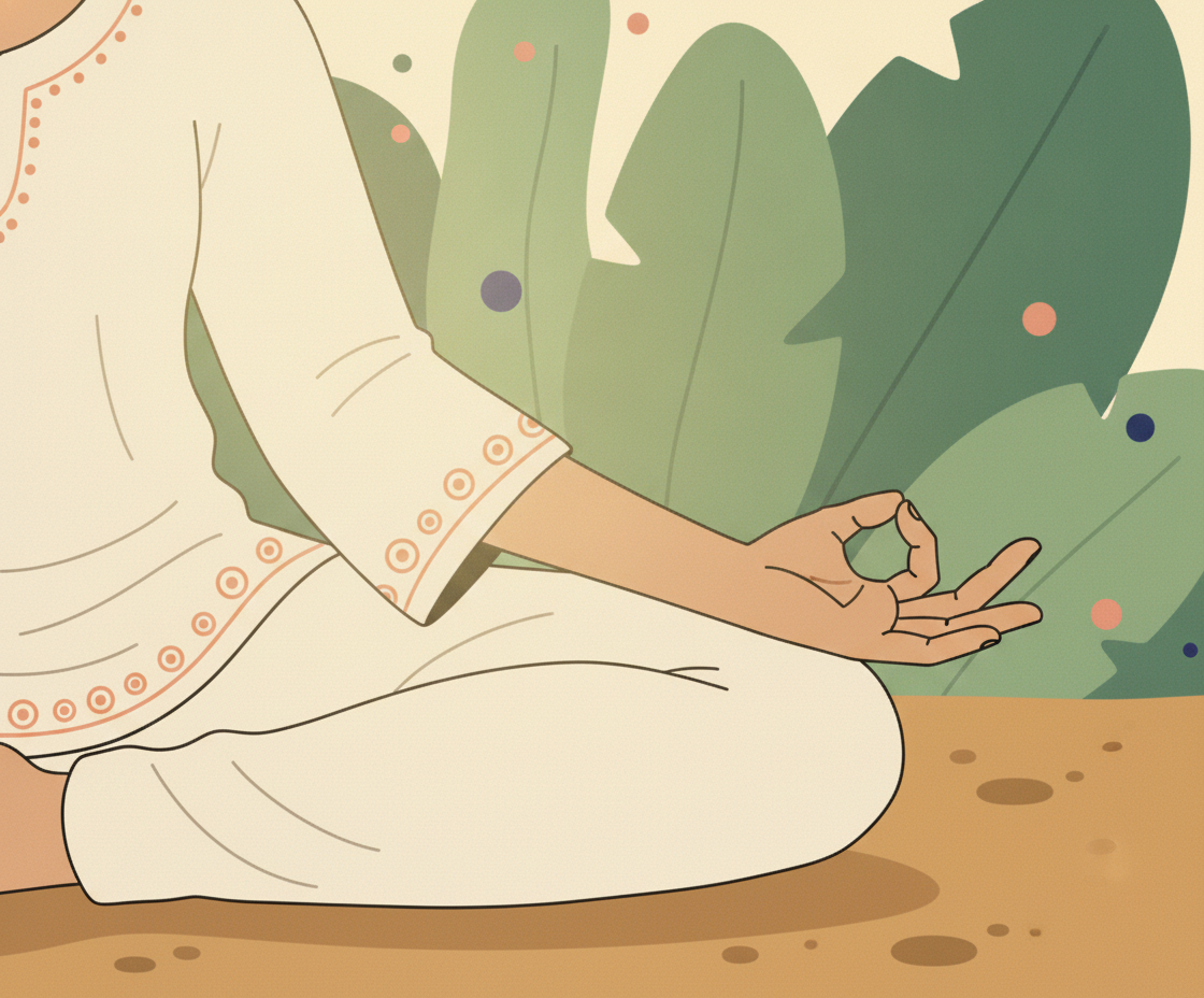 Illustration einer Frau während Pranayama-Atemübung mit Chin Mudra, friedliche Ausstrahlung
