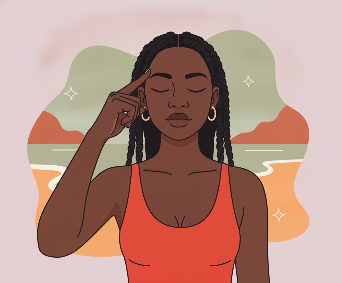Illustration einer Frau in Meditationshaltung mit Fokus auf die Stirnregion zwischen den Augenbrauen