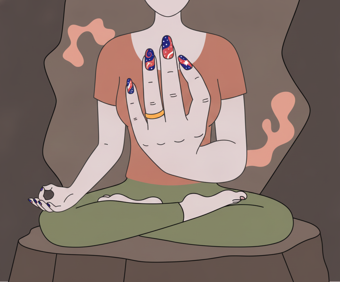 Illustration einer Frau in Lotussitz mit Gyan-Mudra-Handhaltung in ruhiger Meditationsatmosphäre