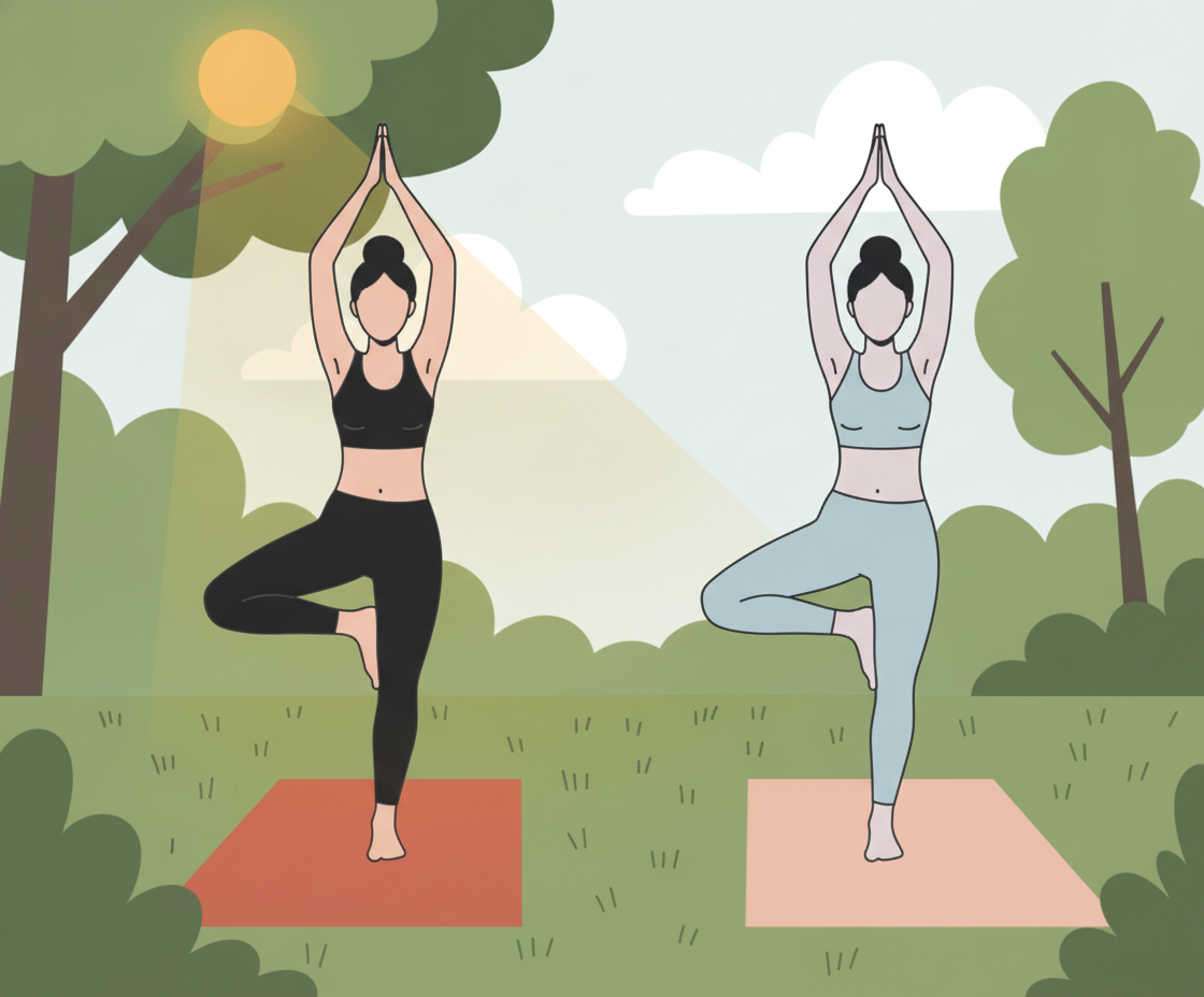 Illustration einer Frau in stabiler Standhaltung (Mountain Pose) mit aufrechtem Rücken, inneres Licht symbolisiert Vertrauen