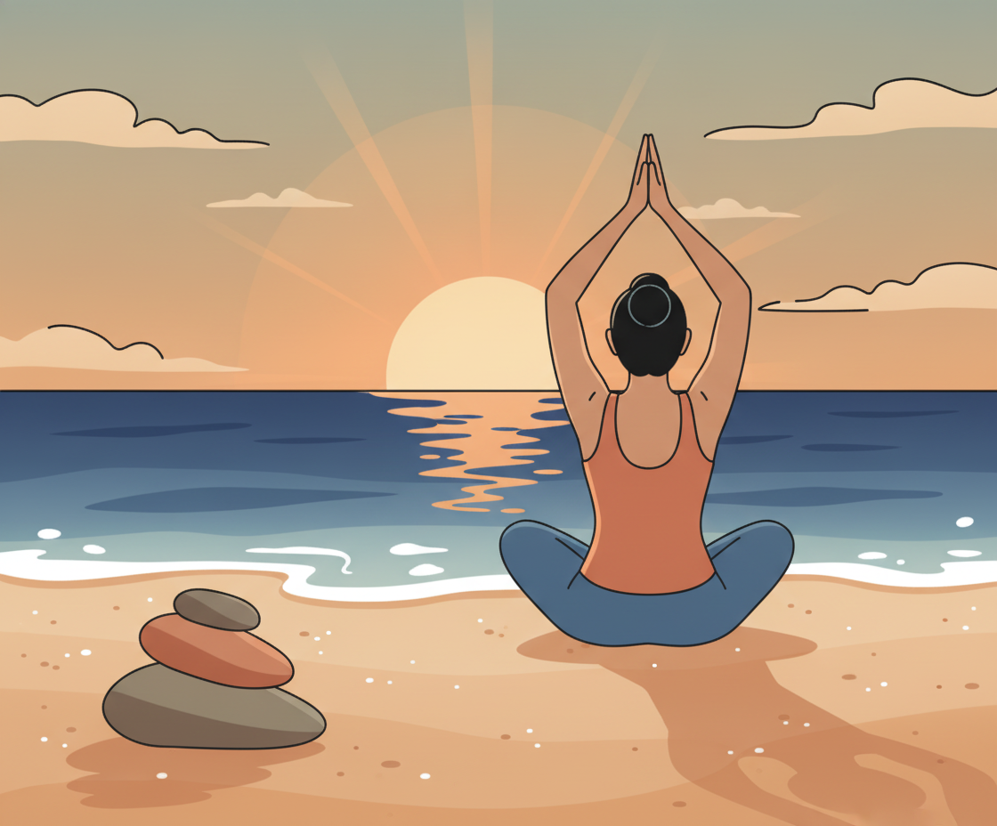 Illustration einer Frau in Meditation mit leuchtenden Gehirnwellen, symbolisch für Neuroplastizität
