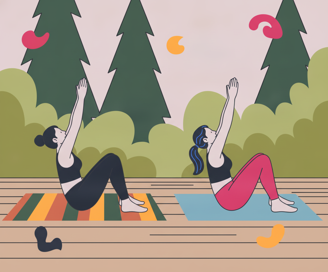 Two women on yoga mats on a wooden deck do a seated pose with arms raised. Trees, bushes, and abstract shapes are visible.