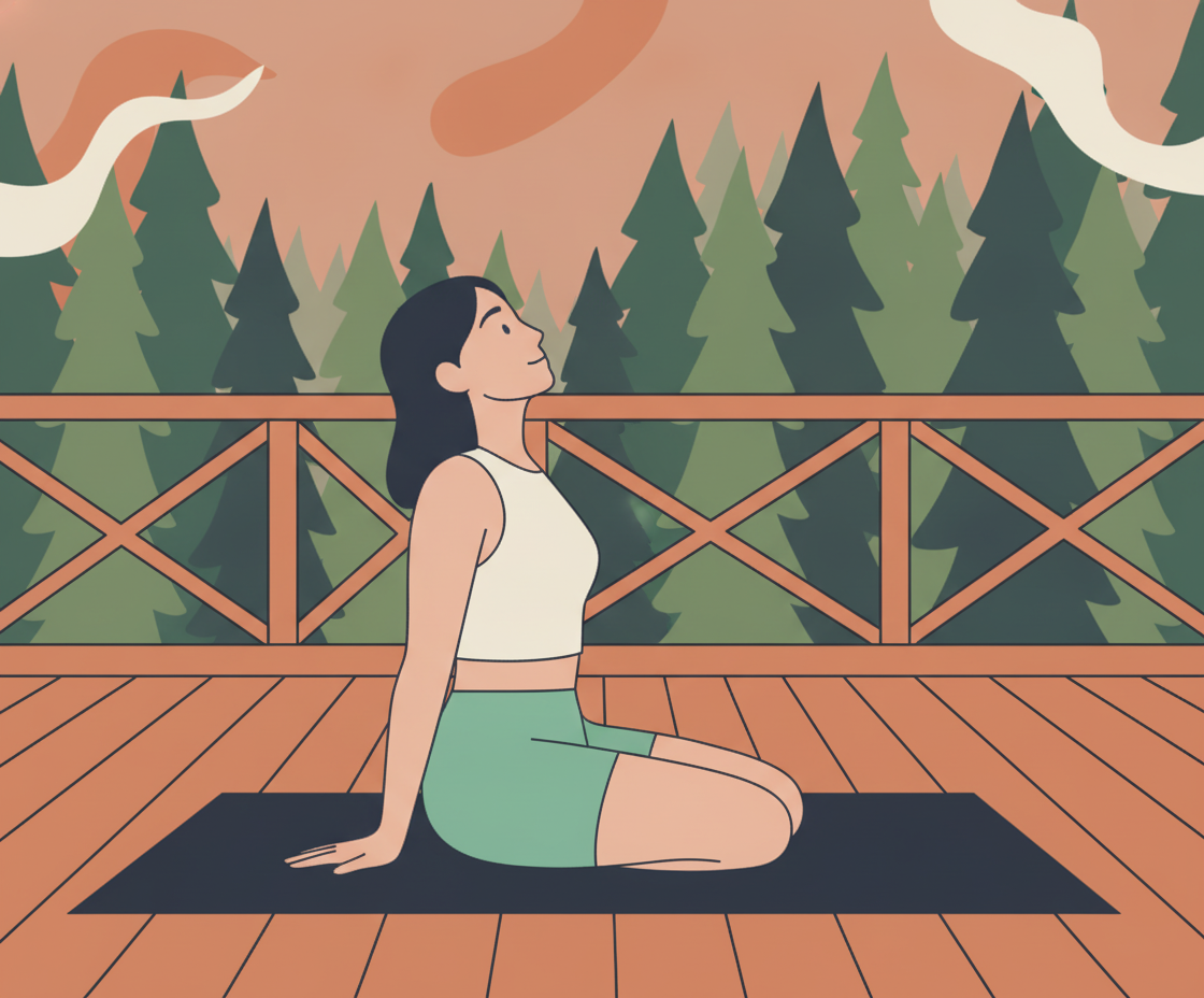 Illustration einer Frau in meditativer Pose sitzt auf einer Yoga-Matte in einer ruhigen Waldlandschaft