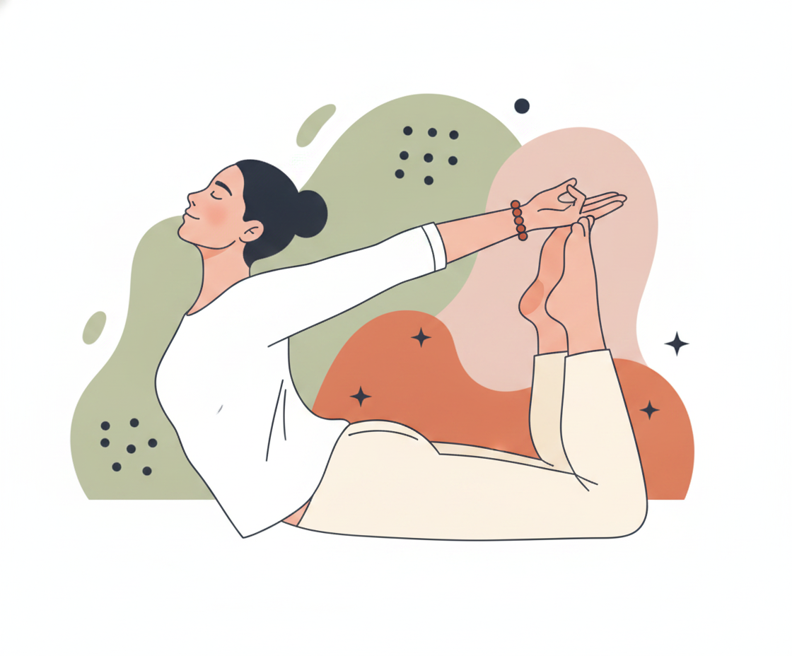 Illustration einer Person in Herzöffnungs-Position mit leuchtendem Brustbereich, umgeben von warmem, goldenem Licht