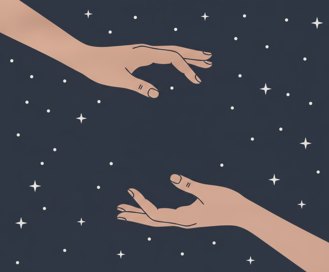 Illustration einer Frau in Lotus-Sitz unter dem Sternenhimmel im Planetarium, umgeben von kosmischer Atmosphäre