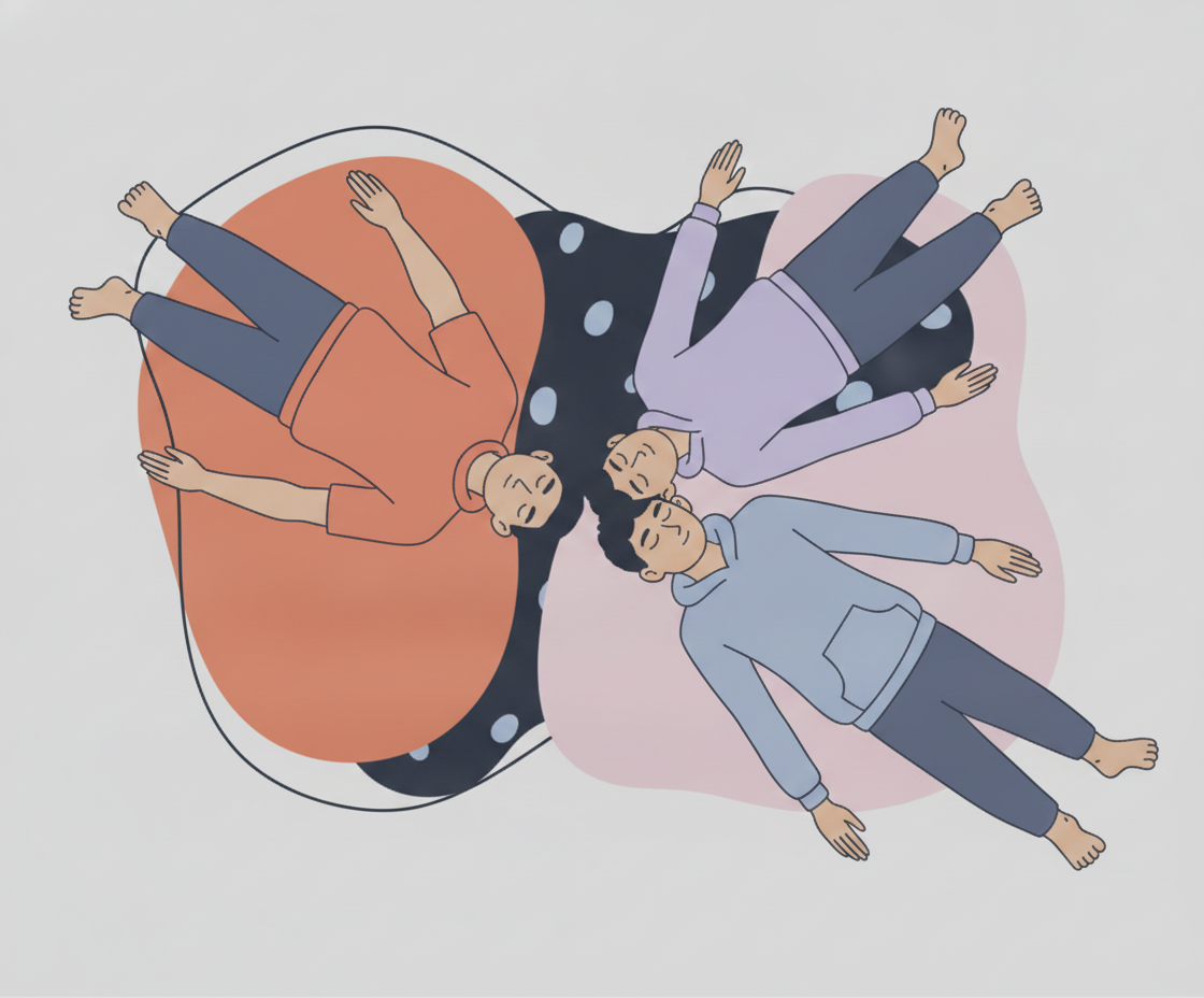 Illustration von drei Personen in unterschiedlichen Haltungen – eine meditierend, eine in Gebet, eine nachdenklich – in warmer Beleuchtung